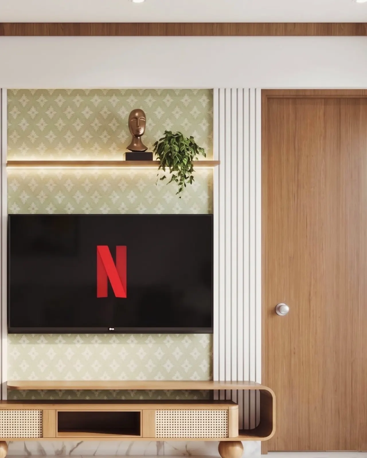 Television wall with patterned wallpaper, fluted panel and cane console