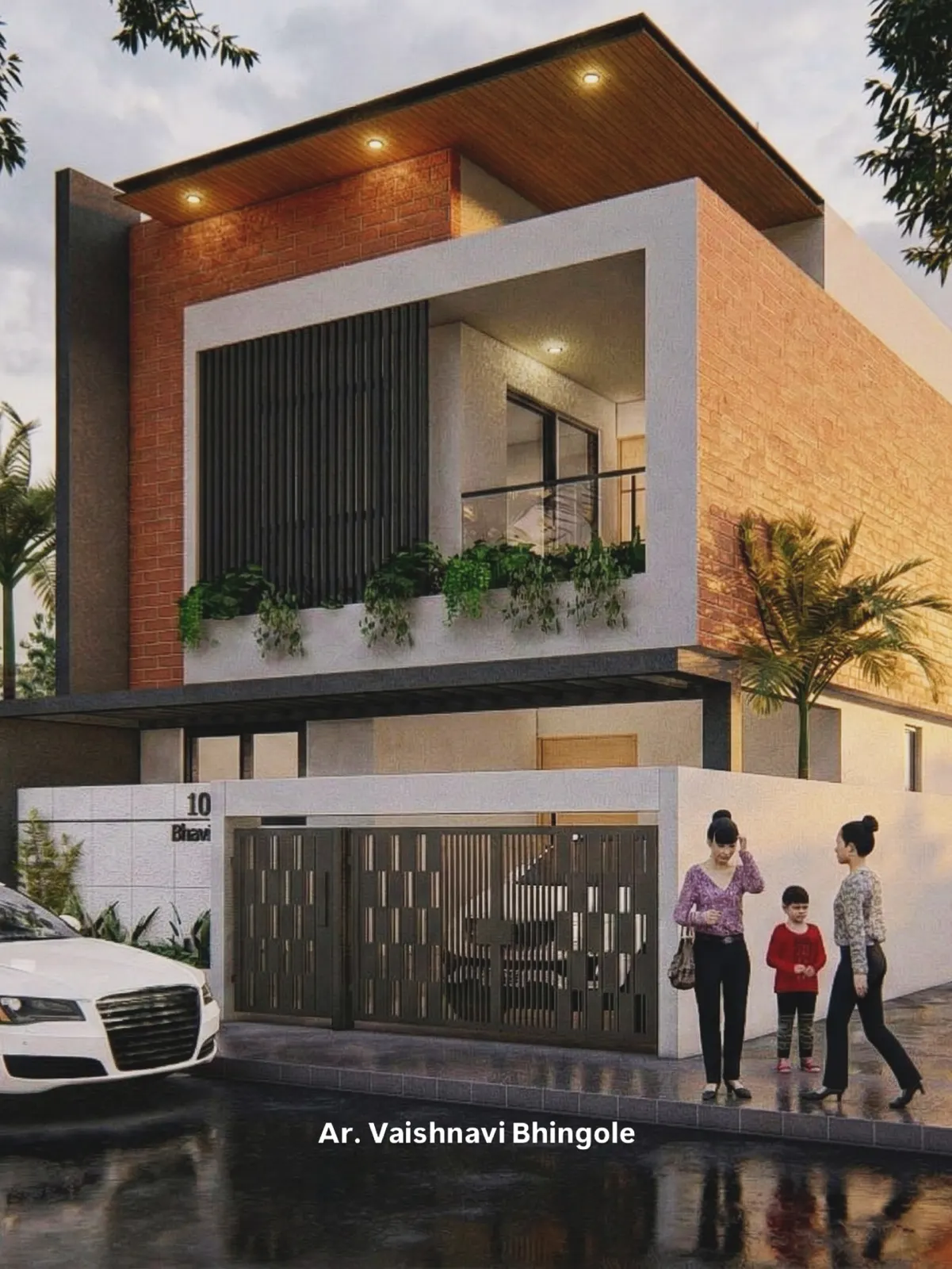 Brick and white-framed residence facade with planter and timber soffit at dusk