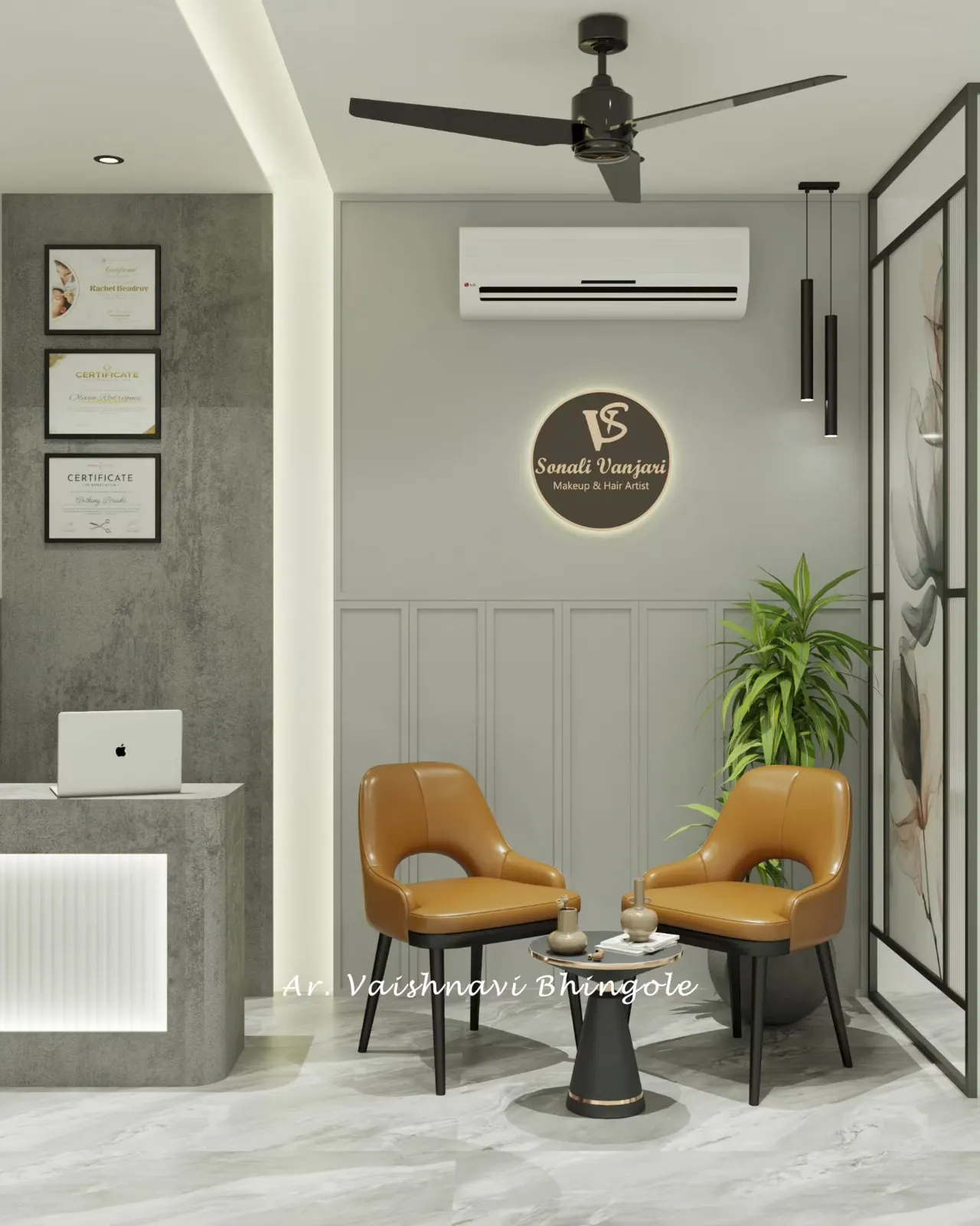 Reception desk and seating with panelled wall